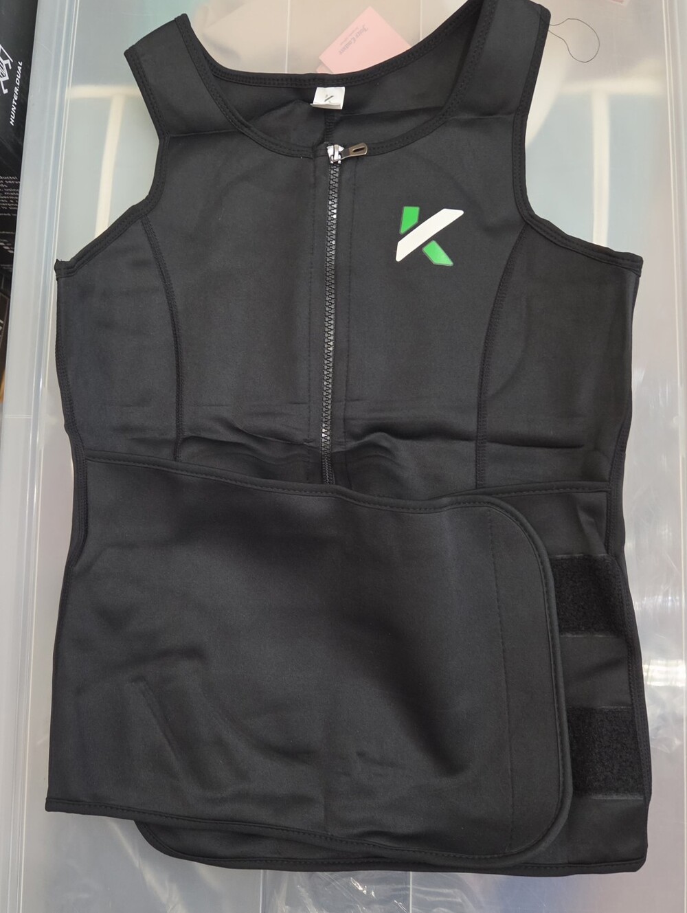 Black Zip-Front Neoprene Waist Wrap Bodysuit with Green Accent